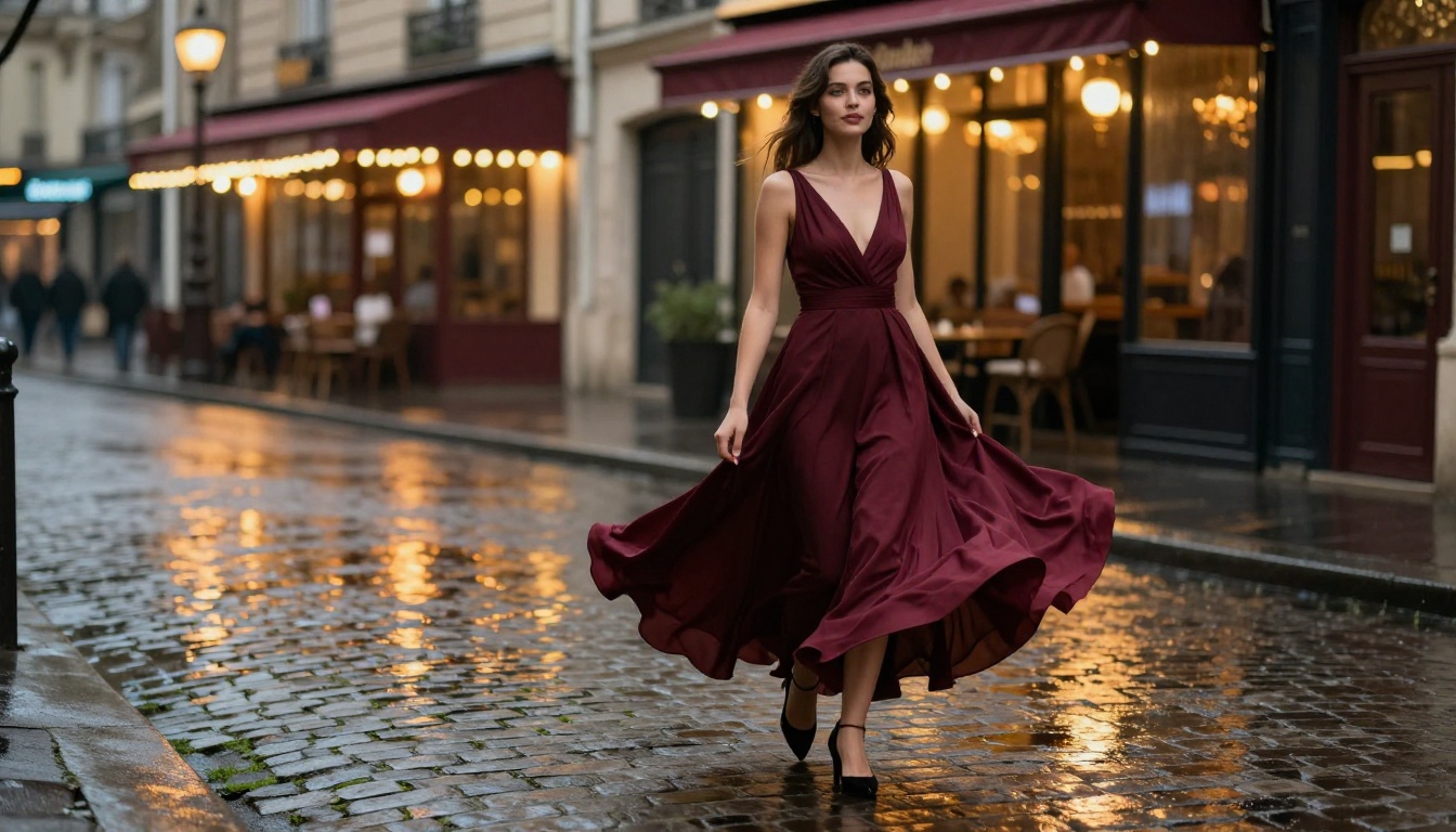 Woman in burgundy evening gown walking rain-slicked Paris cobblestones at dusk with swirling dress and street reflections
