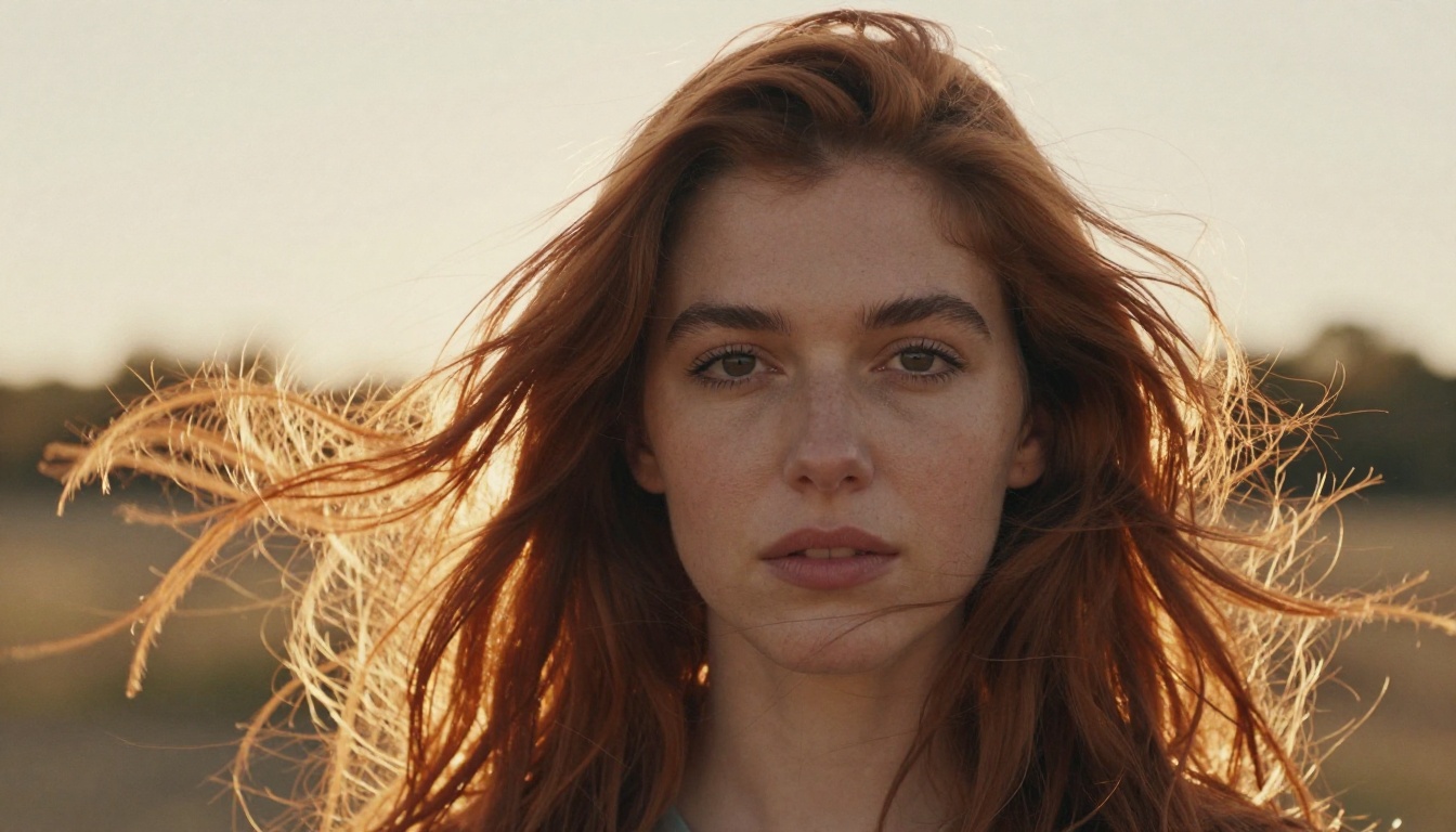 Portrait of woman with copper-auburn hair exploding outward in wind with individual strands catching late afternoon sunlight