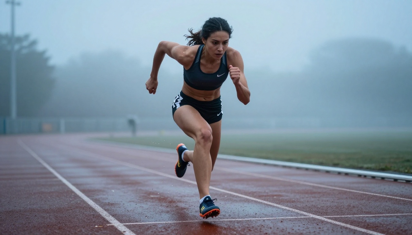Low-angle ground shot of female athlete mid-sprint on wet dawn track with motion blur and morning mist