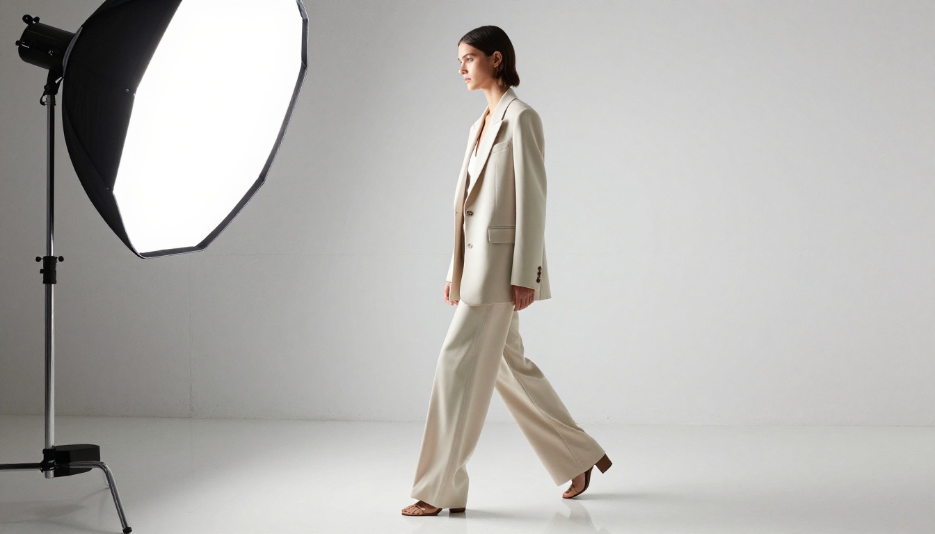 Fashion editorial shot of model in ivory blazer walking through minimalist white concrete studio with fabric swaying