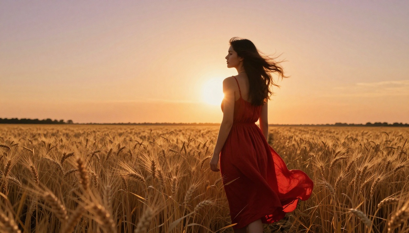 Woman in red linen sundress at edge of golden wheat field at magic hour with rim light and fabric catching breeze