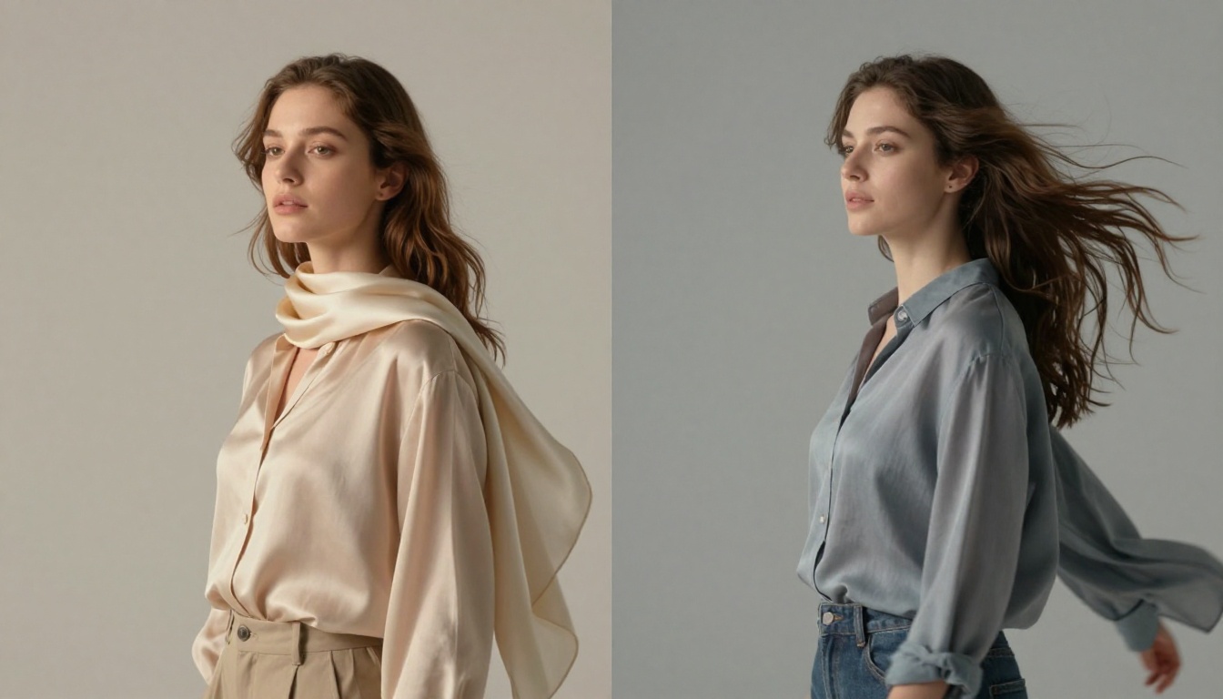 Split-composition photograph of two women in motion side by side with silk scarf and hair movement in different lighting