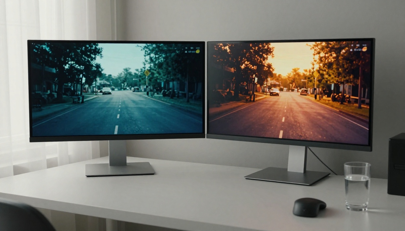 Dual monitors showing video comparison and timeline editing