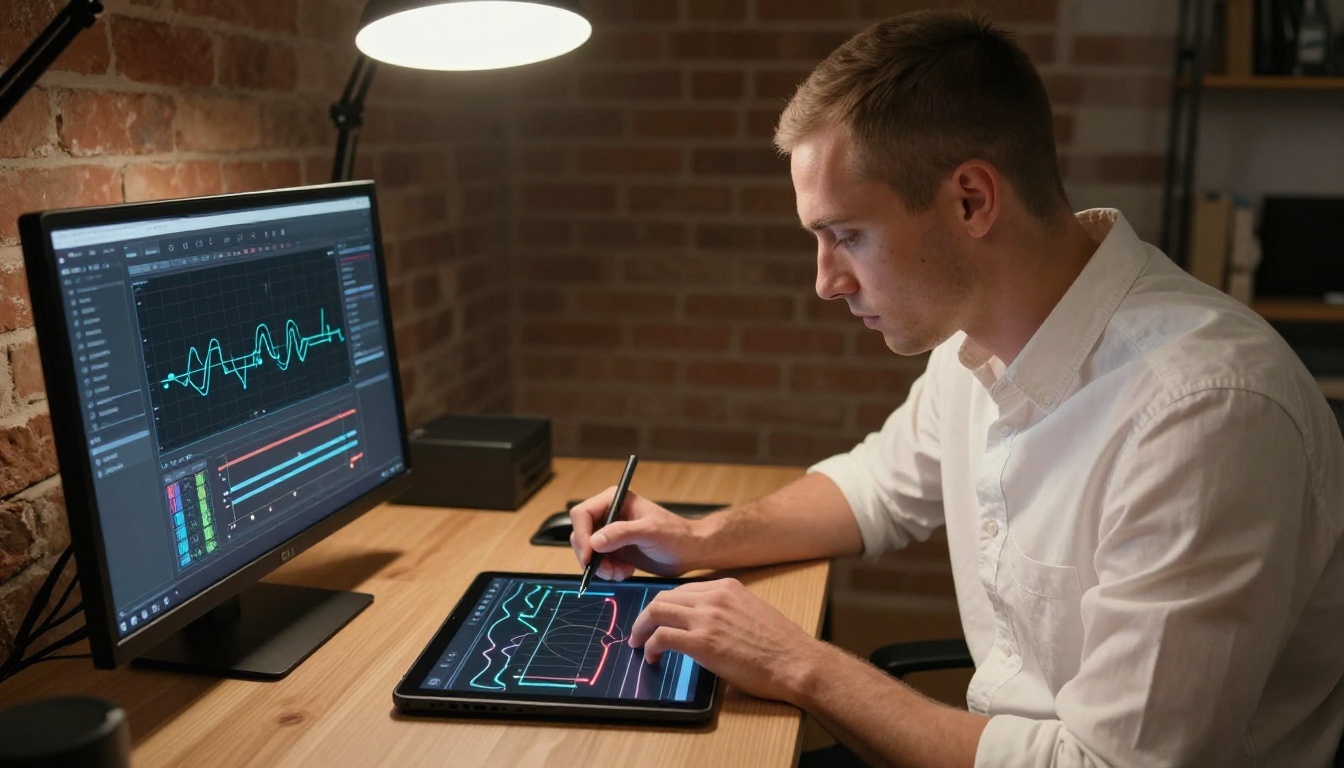Creative director adjusting motion control parameters on a studio tablet