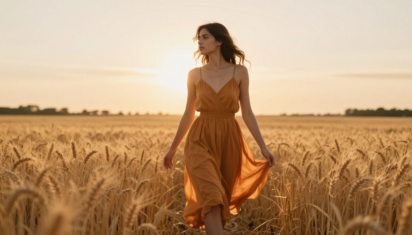 Woman walking through sunlit wheat field demonstrating natural character motion