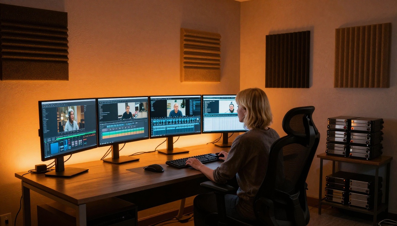 Professional video editing suite with female editor at workstation
