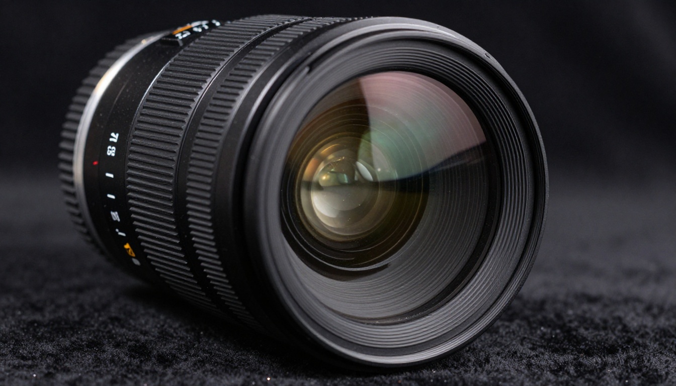Close-up macro shot of cinema camera lens showing optical precision