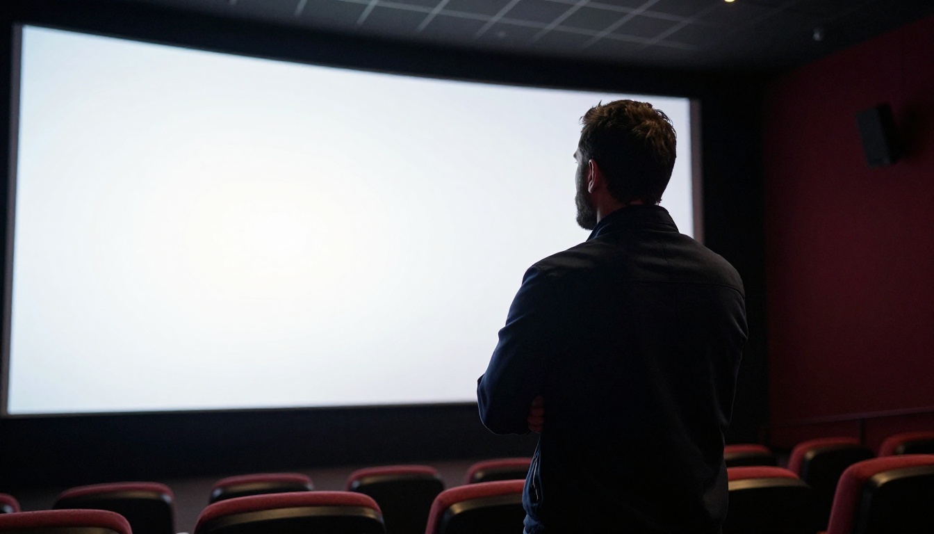 Filmmaker reviewing cinematic AI-generated video in a screening room