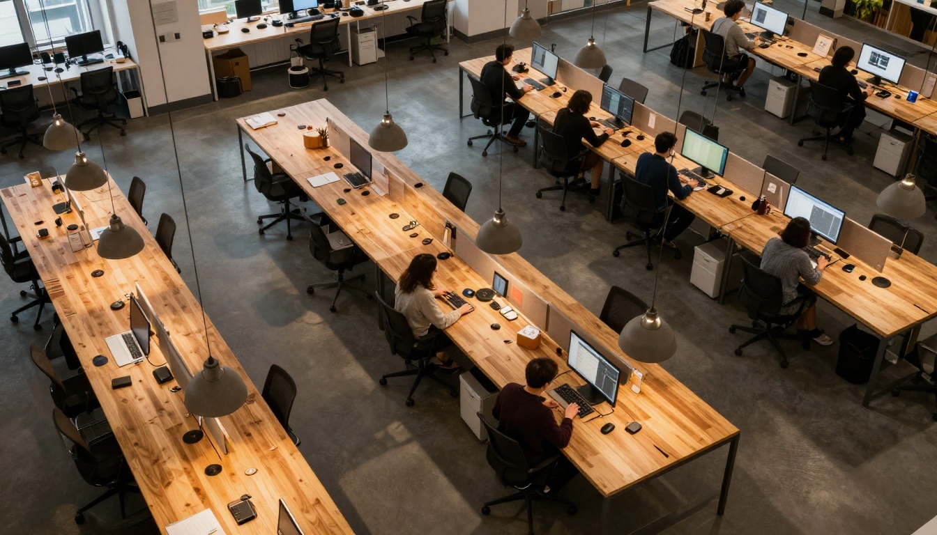 Open agency workspace with creative team at video production desks
