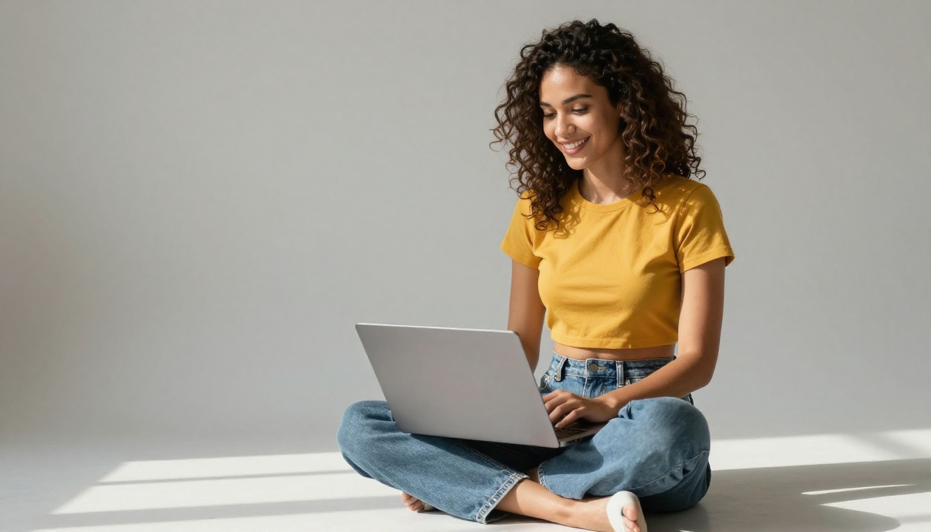 Content creator smiling while working on laptop in a bright minimalist studio
