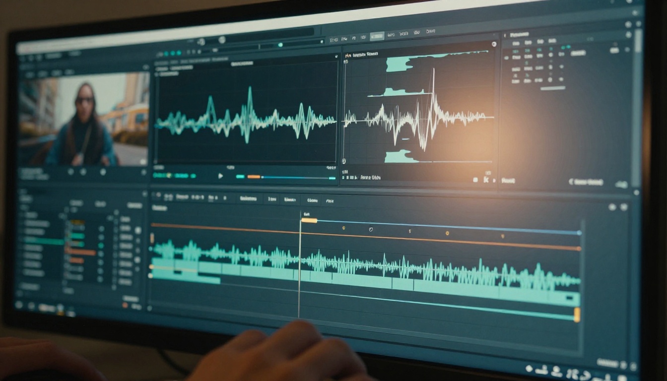 Close-up of a professional video editing timeline on a monitor