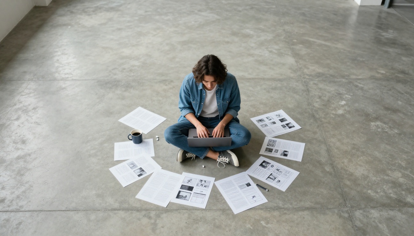 Aerial view of a creative professional working on a laptop surrounded by storyboards