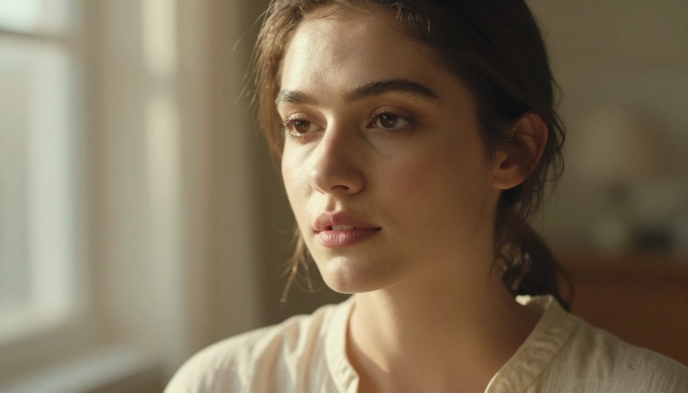 Cinematic close-up portrait of a woman in soft volumetric natural light