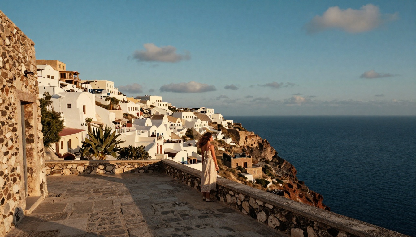 Wide cinematic coastal landscape at golden hour with a lone figure on a terrace