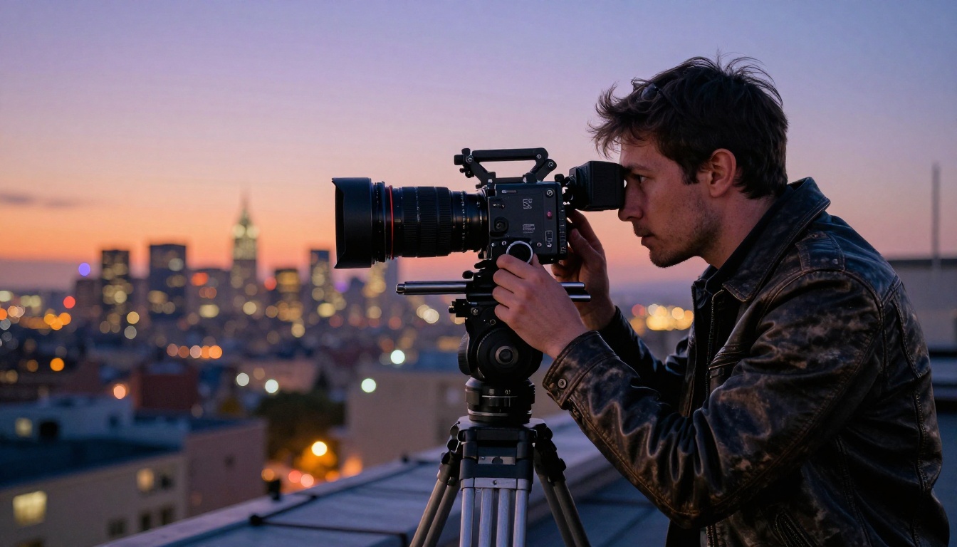 Professional videographer with cinema camera on a city rooftop at dusk