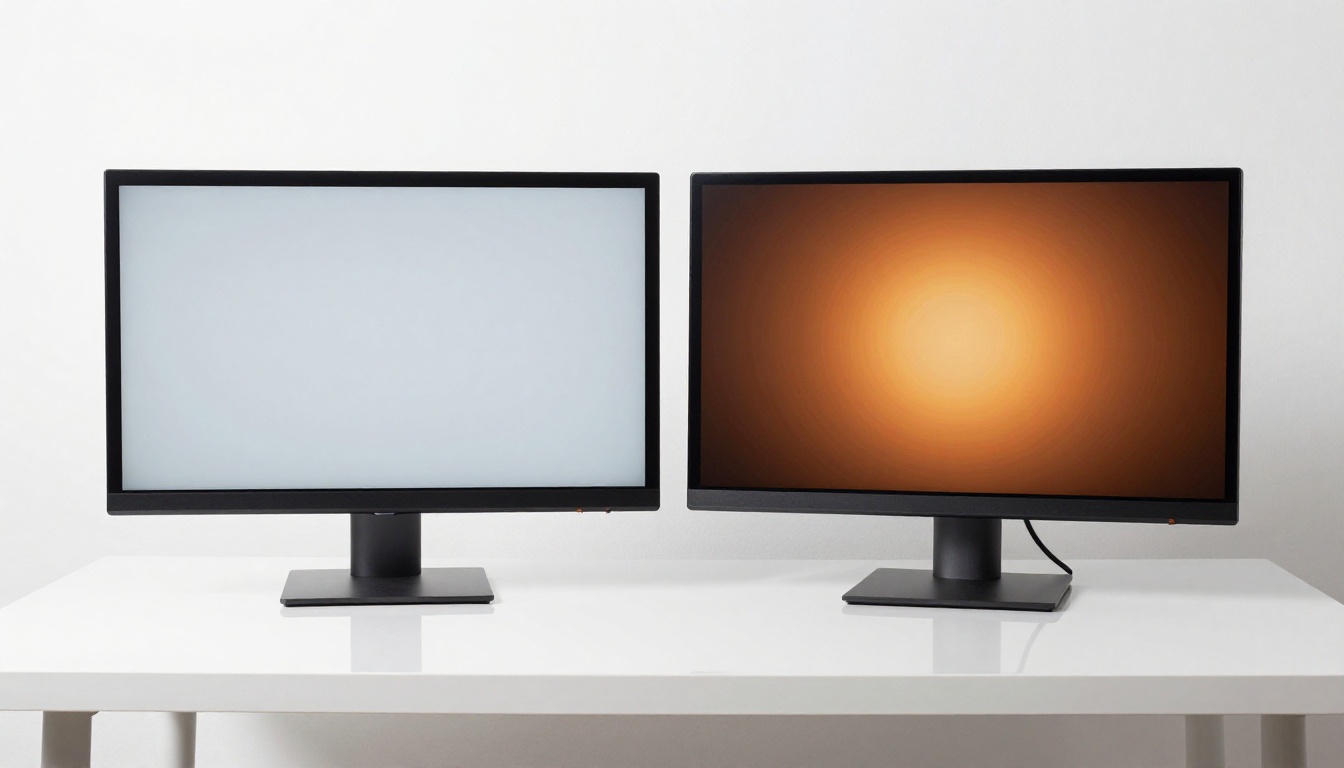 Two professional monitors side by side showing before and after color grading Two professional monitors side by side showing before and after color grading