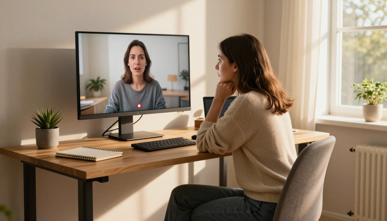 Young woman watching video on a monitor in a warm modern home office Young woman watching video on a monitor in a warm modern home office