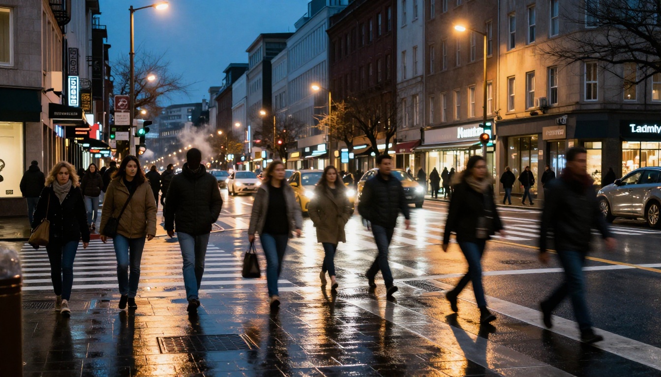 Busy city pedestrian crossing at blue hour with motion blur trails Busy city pedestrian crossing at blue hour with motion blur trails