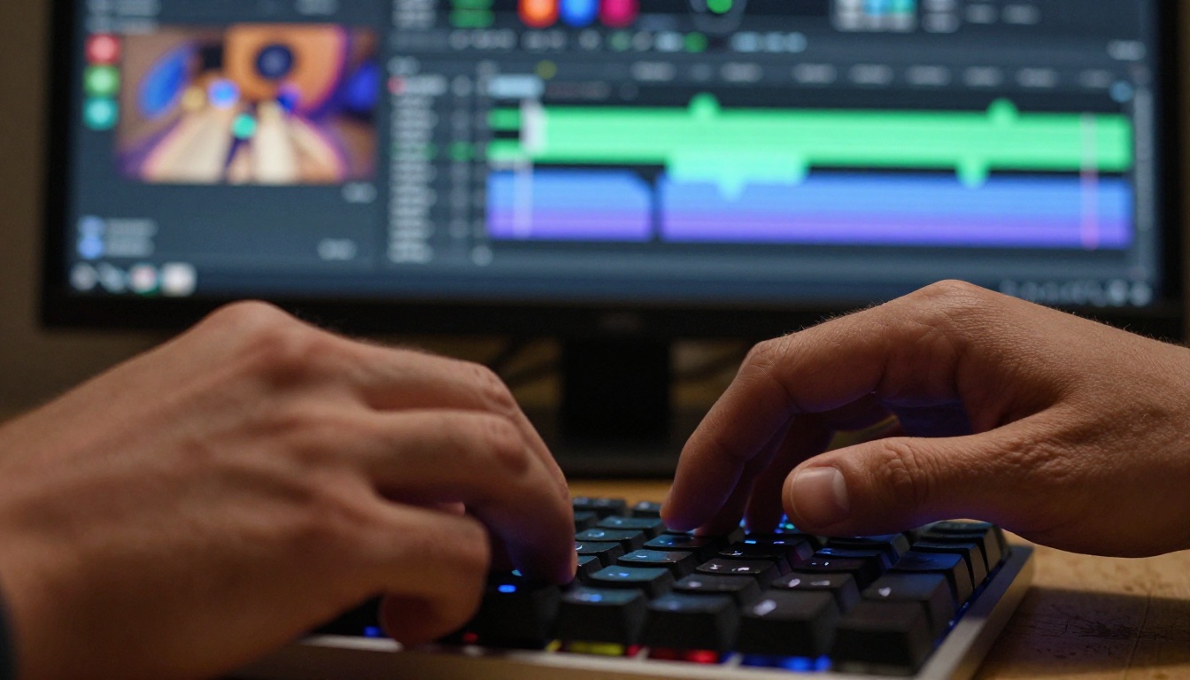 AI creator at workstation with multiple video monitor screens in cinematic studio lighting