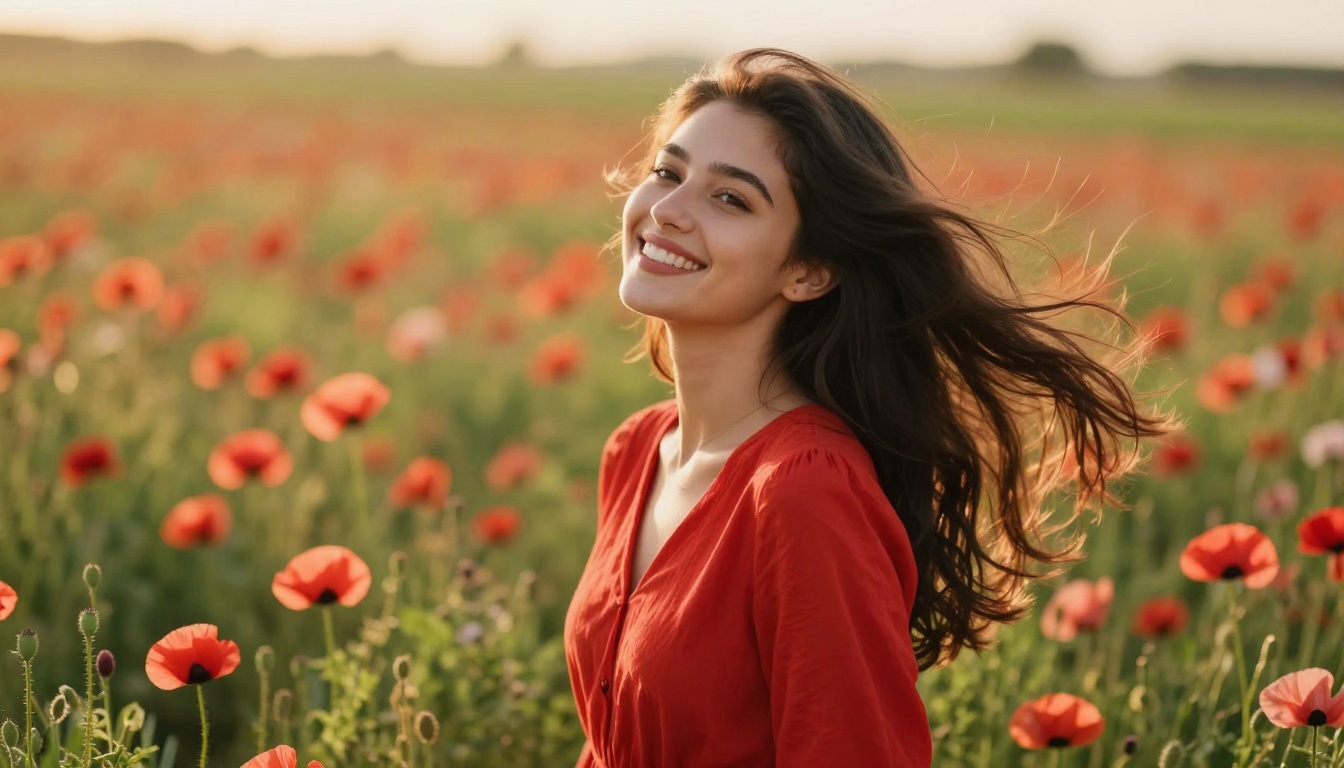 Woman in red dress standing in blooming poppy field at golden hour