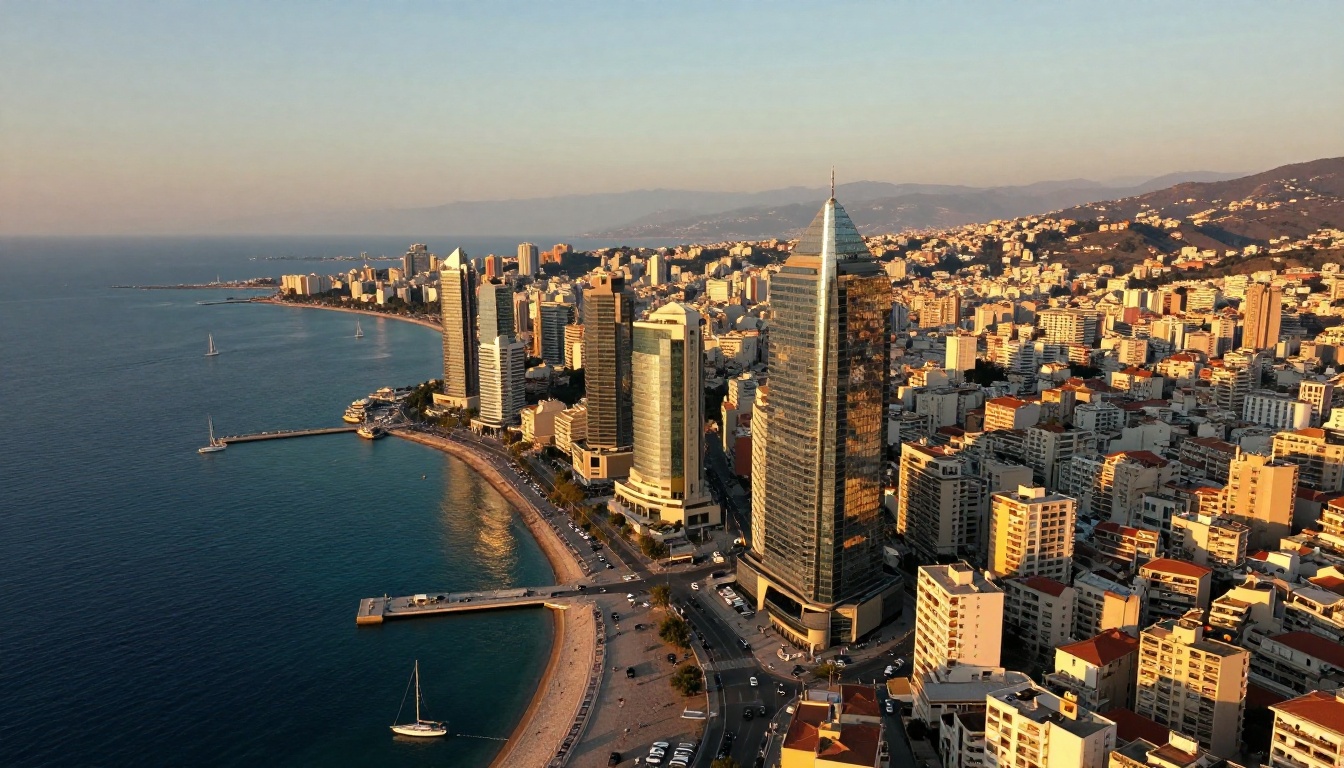 Aerial view of coastal Mediterranean city at sunset, golden light on skyscrapers and ocean