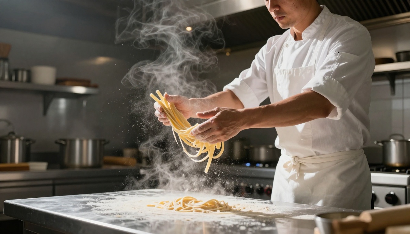 Chef in professional kitchen tossing pasta with dramatic side lighting and steam