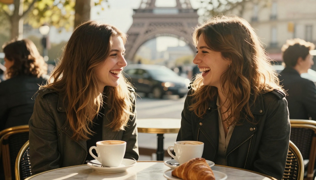 Two women friends laughing at Paris outdoor cafe table, Eiffel Tower in soft bokeh background