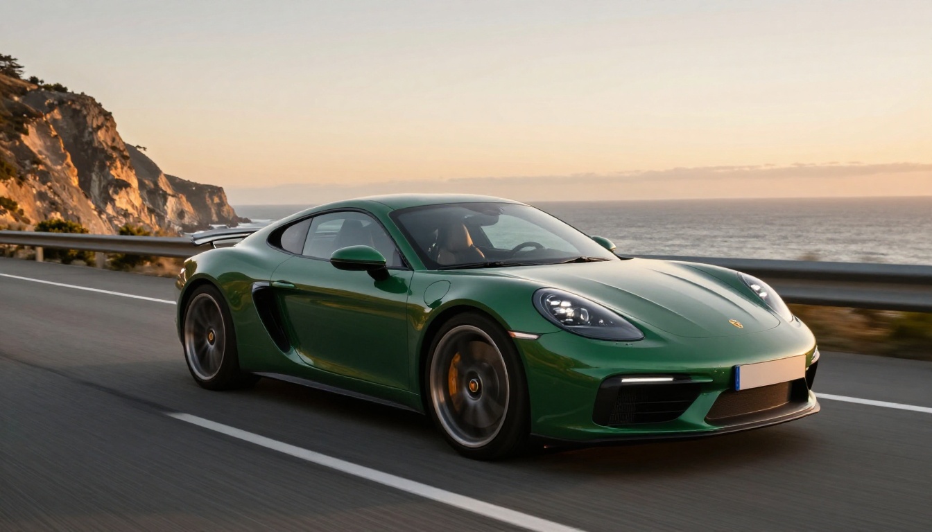 Dark green luxury sports car speeding along coastal highway at sunset with motion blur