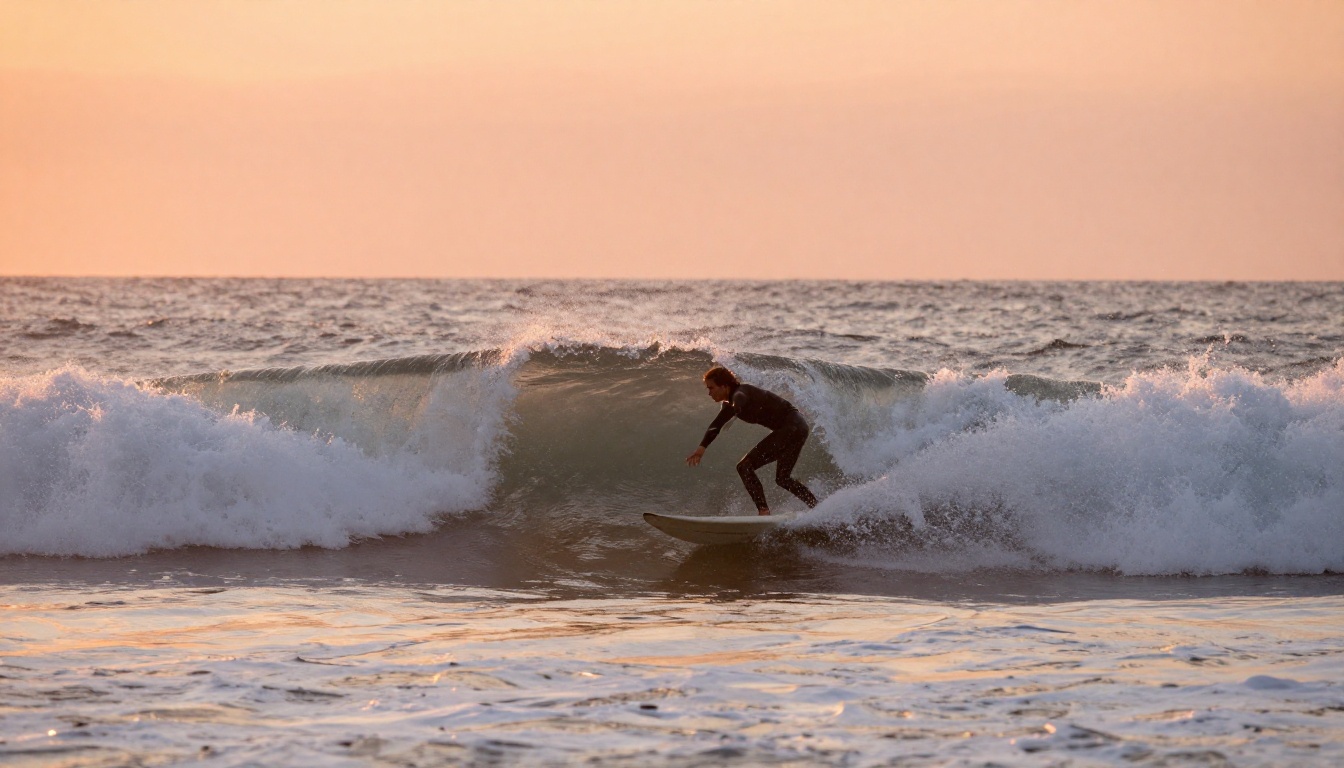 Surfer catching massive ocean wave at sunrise, water droplets frozen mid-air
