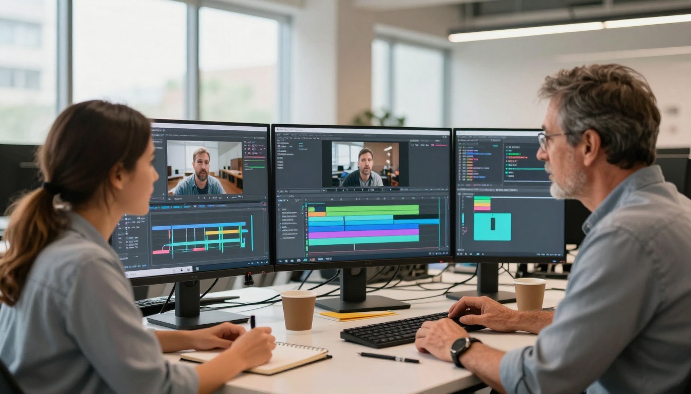 Mentor and young woman collaborating on video editing at curved monitor in bright office