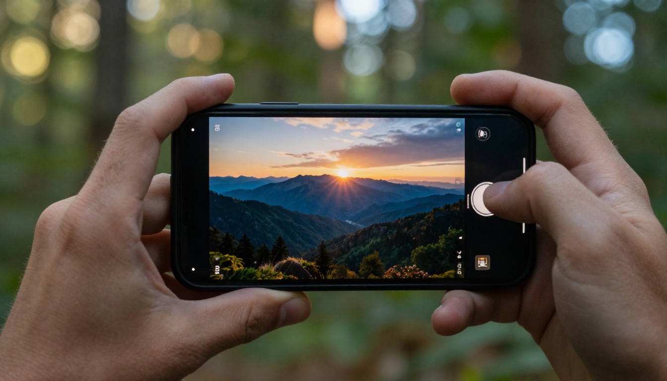Man's hand holding smartphone showing vivid mountain video playback, forest bokeh background
