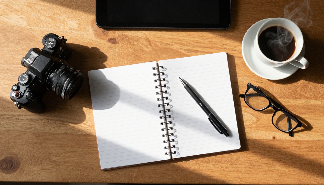 Overhead flat-lay of a creative workspace with notebook and camera