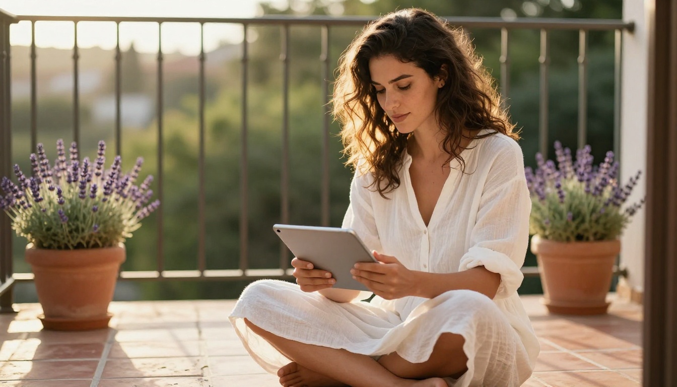 Woman sitting on a sunlit Mediterranean balcony holding a tablet