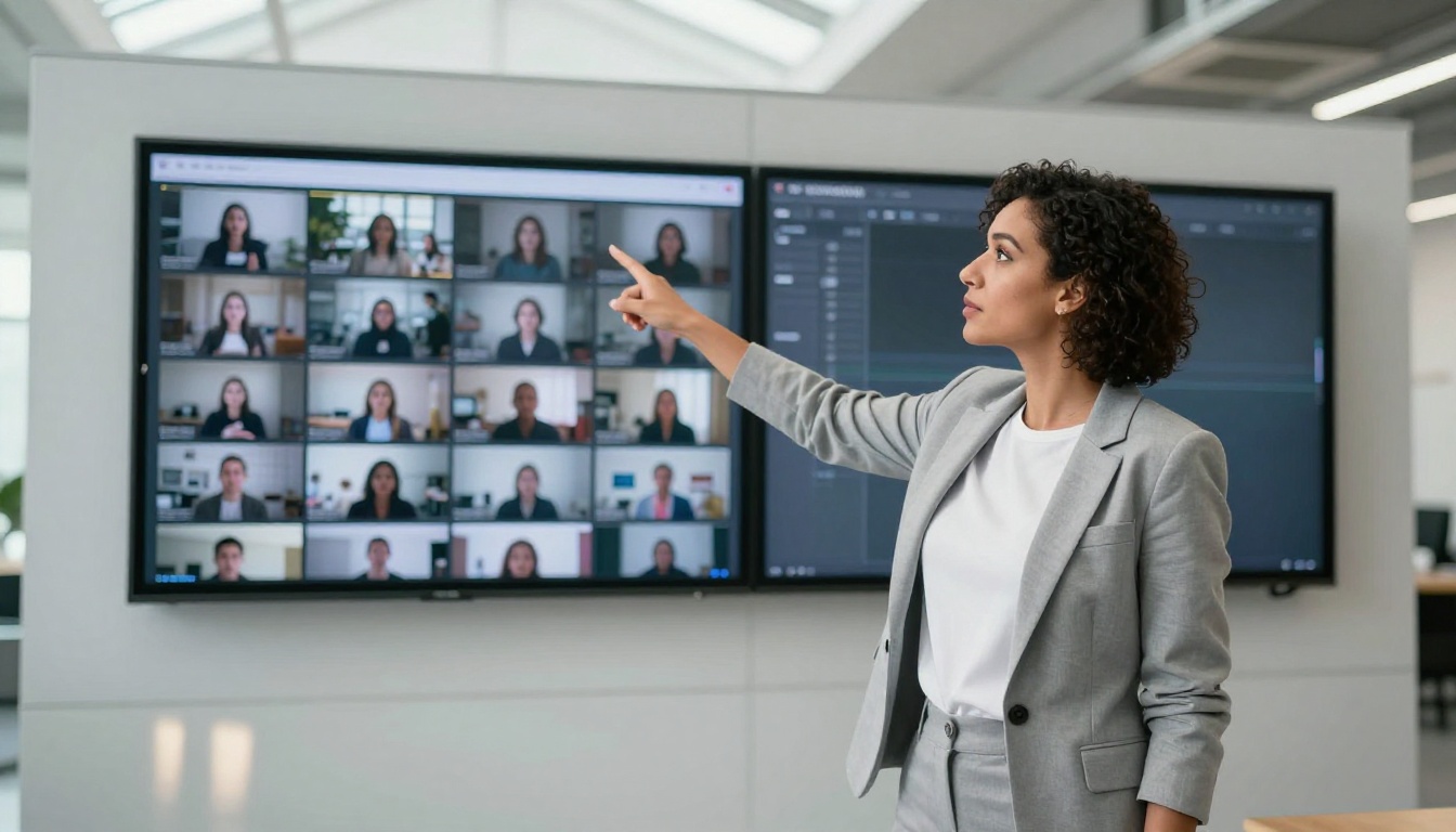 Confident woman pointing at a wall-mounted video display in a modern studio