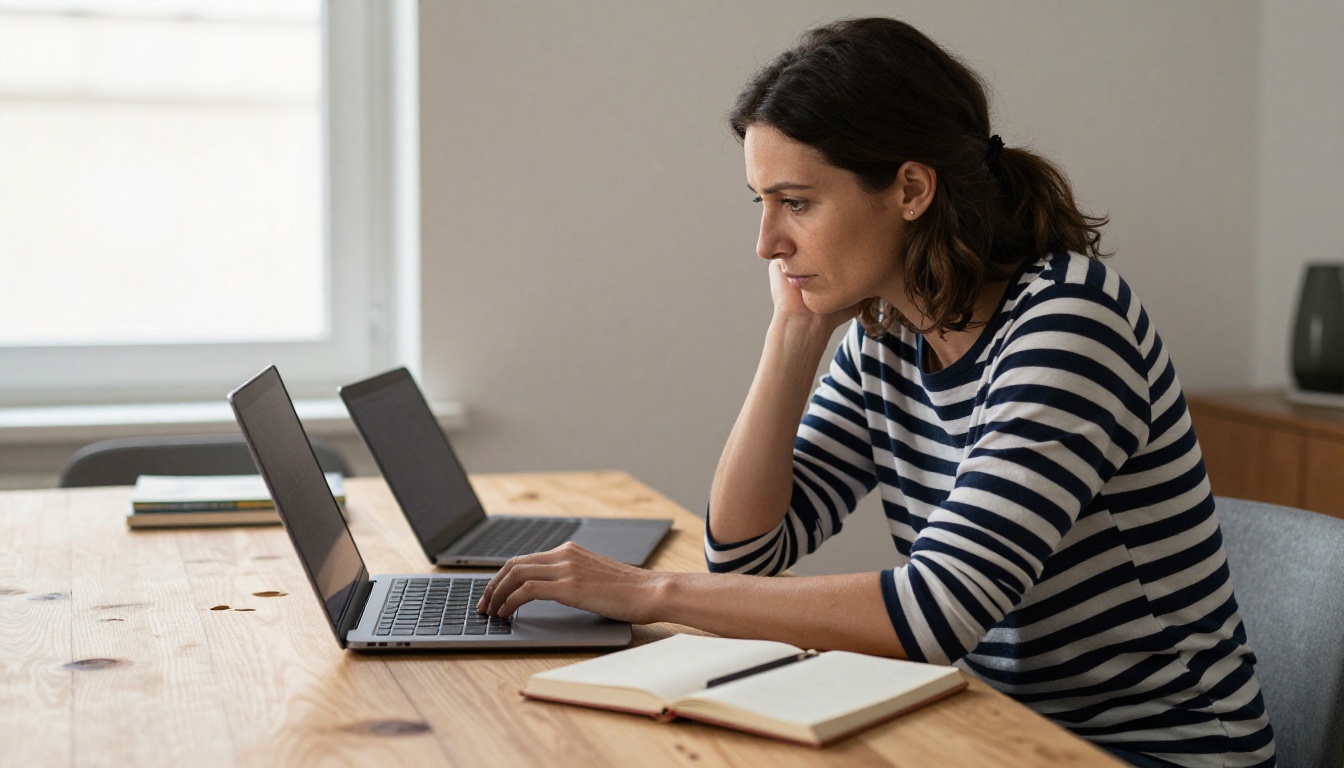 Woman at a dining table comparing two laptops side by side