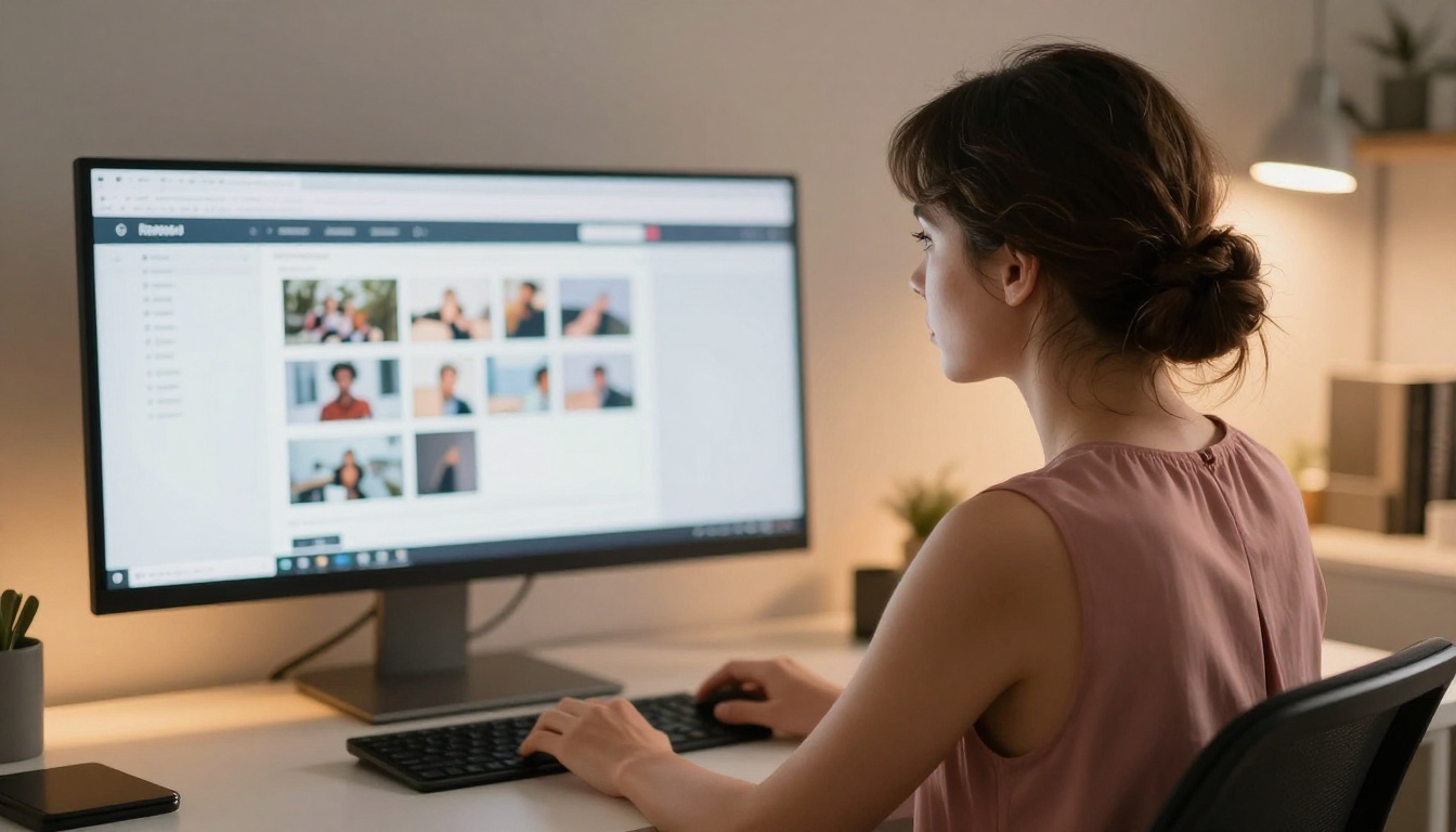 Over-the-shoulder view of a woman using a web platform on a curved monitor