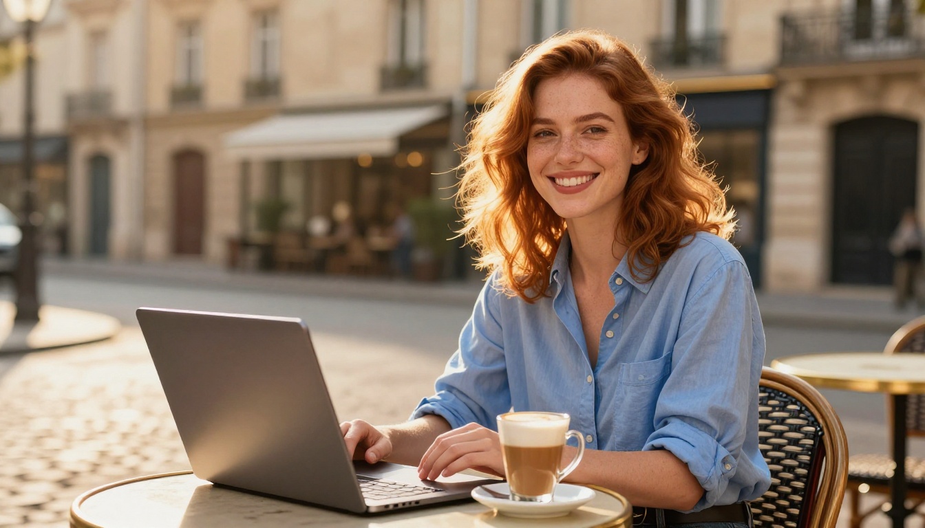 Woman smiling at a Parisian cafe terrace with a laptop, golden hour light