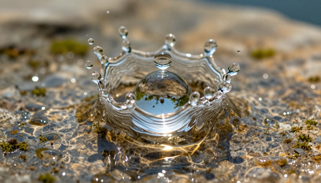 Close-up macro photograph of water droplets in mid-fall, freezing motion with crystalline precision