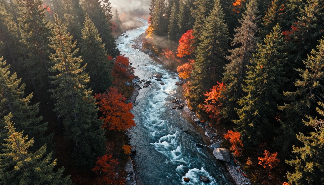 Aerial view of a river flowing through autumn pine forest, showing fluid natural motion