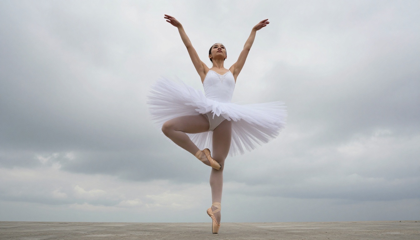 Ballet dancer mid-leap against overcast sky, tutu fabric fanned in perfect detail
