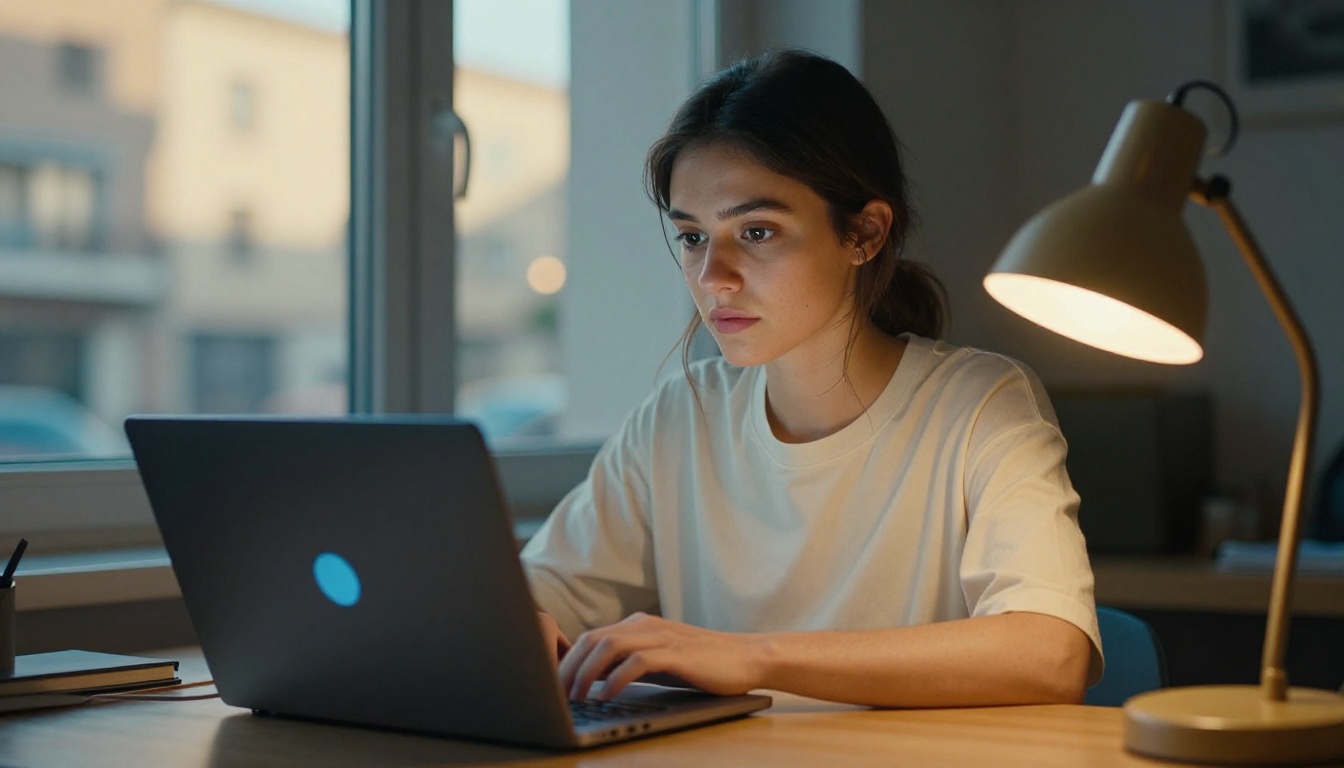 Young woman working at a laptop with soft dual-tone ambient lighting