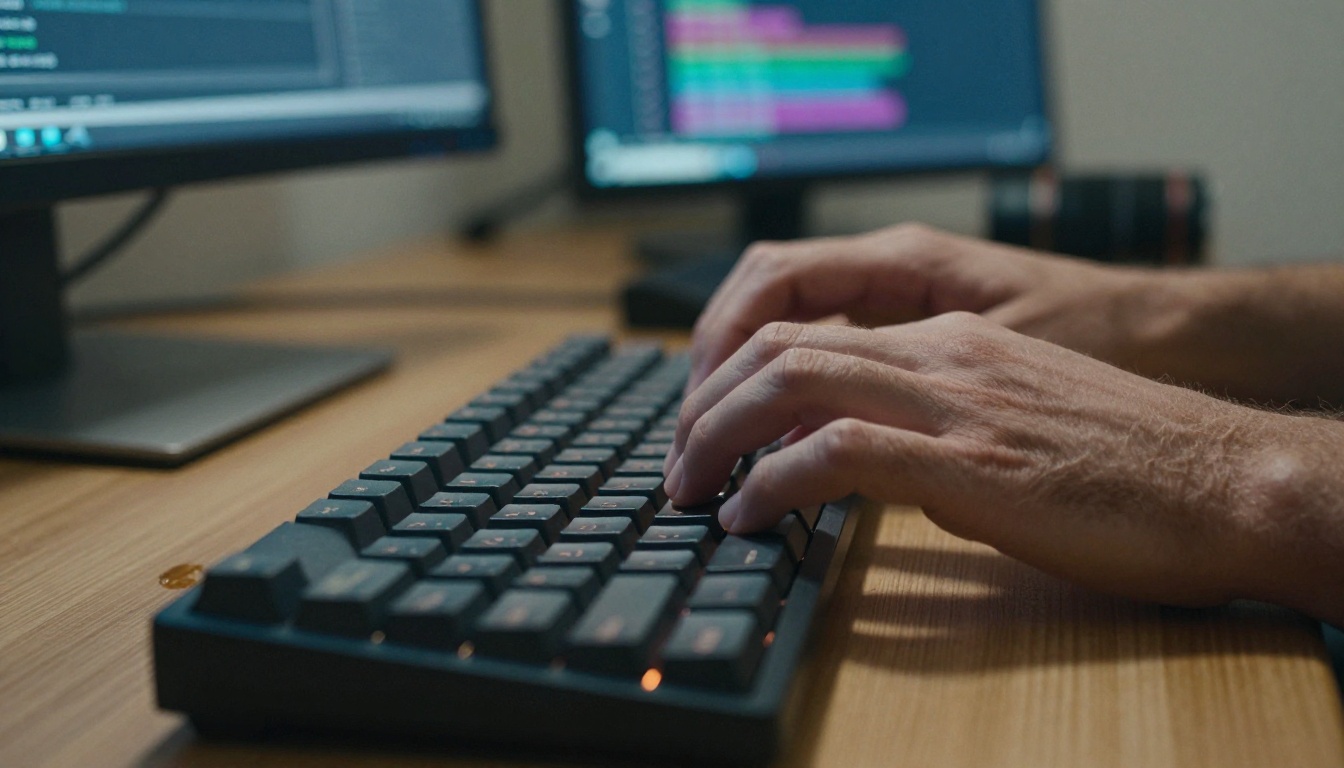 Man's hands typing rapidly on a mechanical keyboard, fingertip motion captured in detail