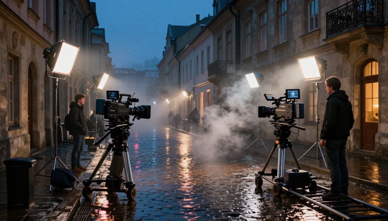 Professional outdoor film set at night with cinematic lighting and wet cobblestones