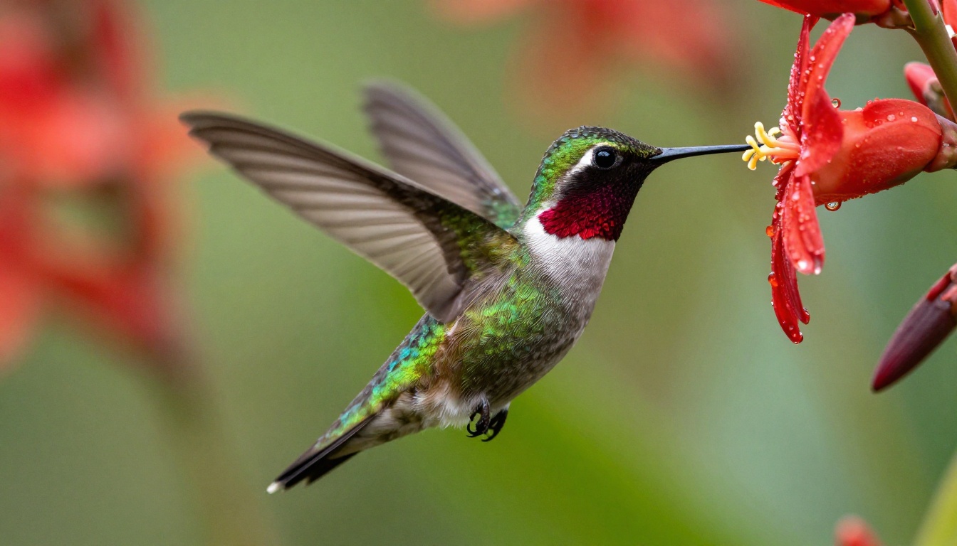 Hummingbird hovering mid-air feeding from a tropical flower, wing blur and feather iridescence visible
