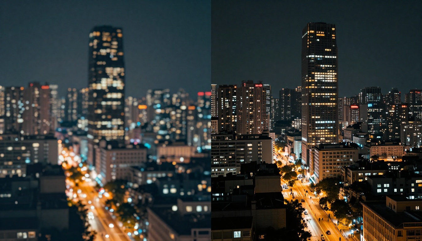 Night cityscape comparison showing blurry AI output versus crisp high-detail AI video output