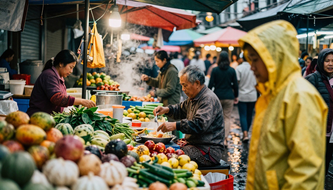 Busy Southeast Asian street market with rich color detail and layered crowd depth