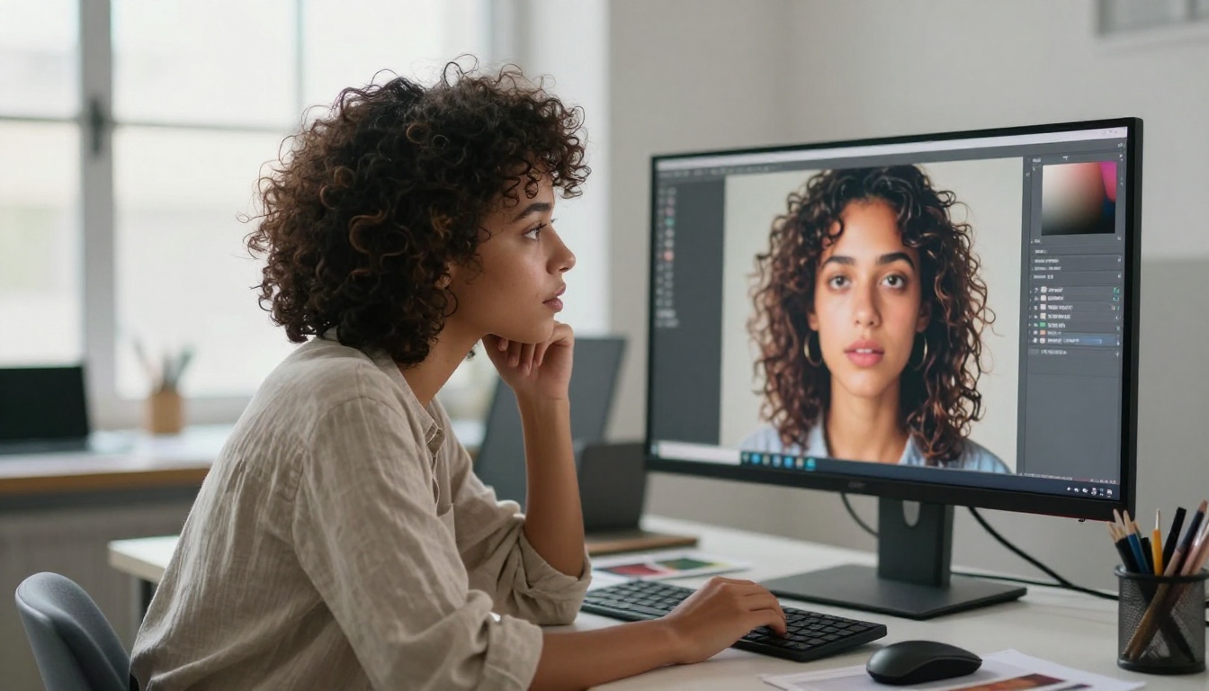 Creative professional examining AI-generated images on a studio monitor