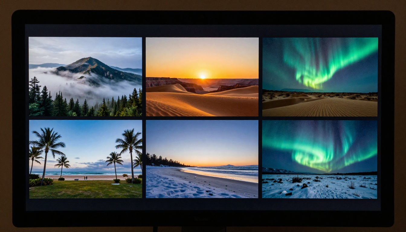 Monitor displaying four photorealistic landscape images generated by Flux