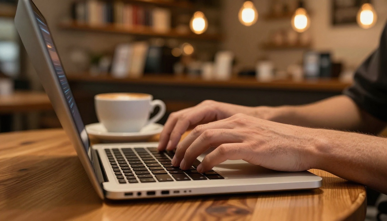 Hands typing a detailed prompt on a laptop in a coffee shop