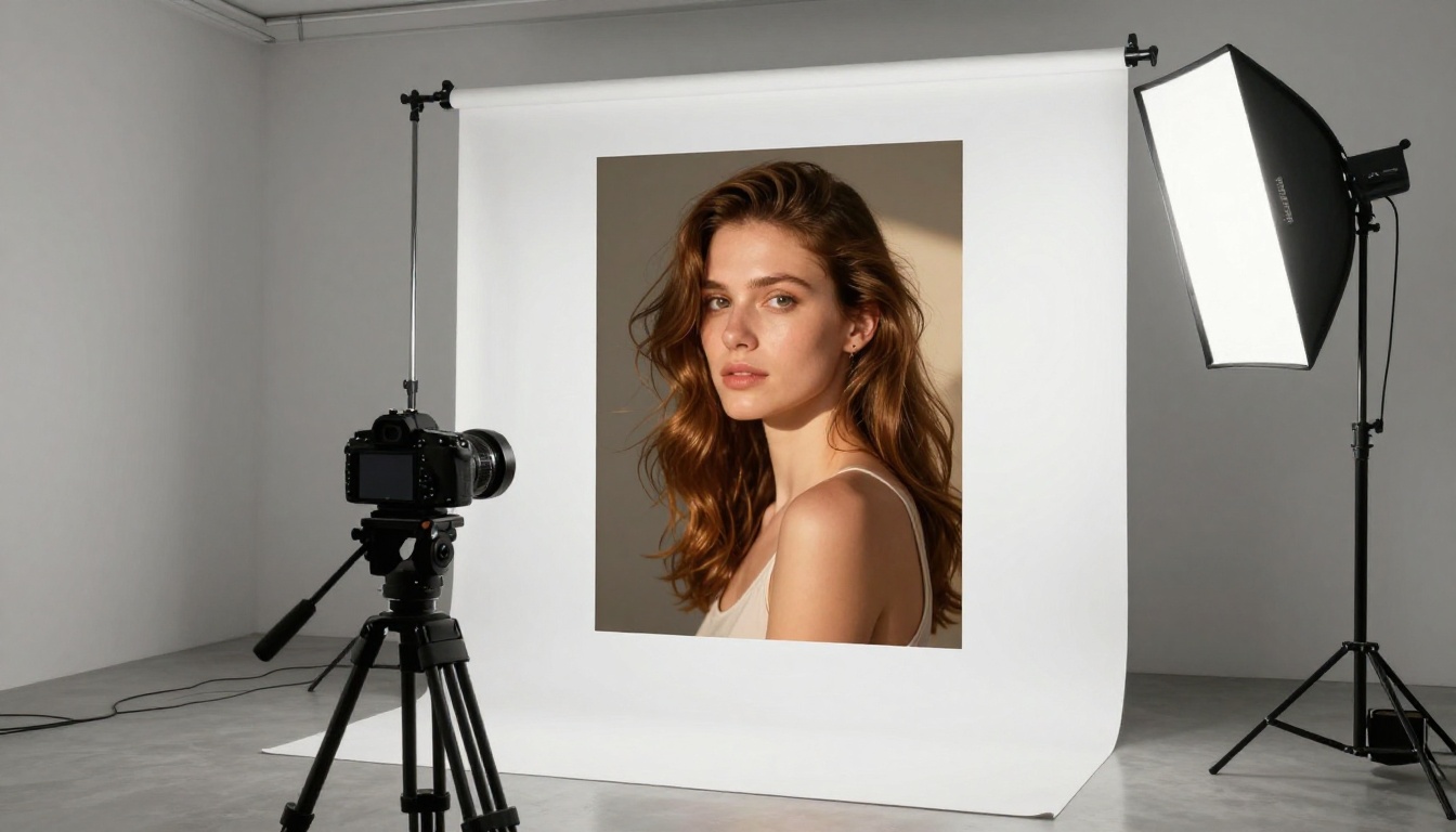Photography studio with professional AI-generated portrait print